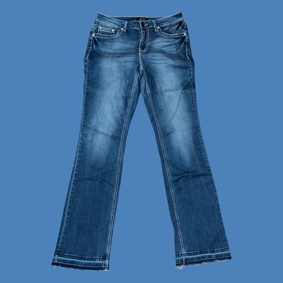 Earl Slim Bootcut Stretch Dark Wash Pocket Flap Embroidered Bedazzled Jeans 10 - Picture 2 of 5